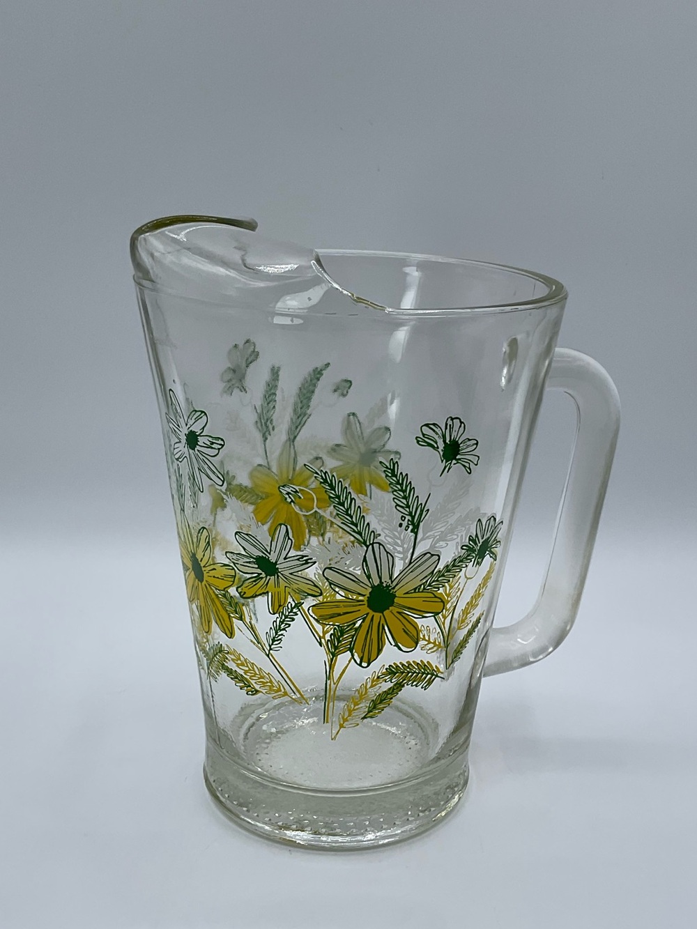 Vintage Floral Glass Pitcher Yellow Green Daisies Retro Kitchen Drinkware